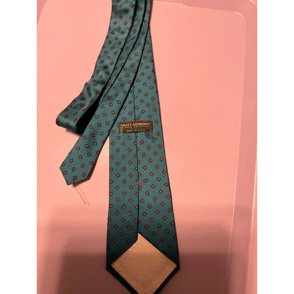 Matt Andrews Classic Collection Teal Silk Geometric Medallion Necktie USA Made